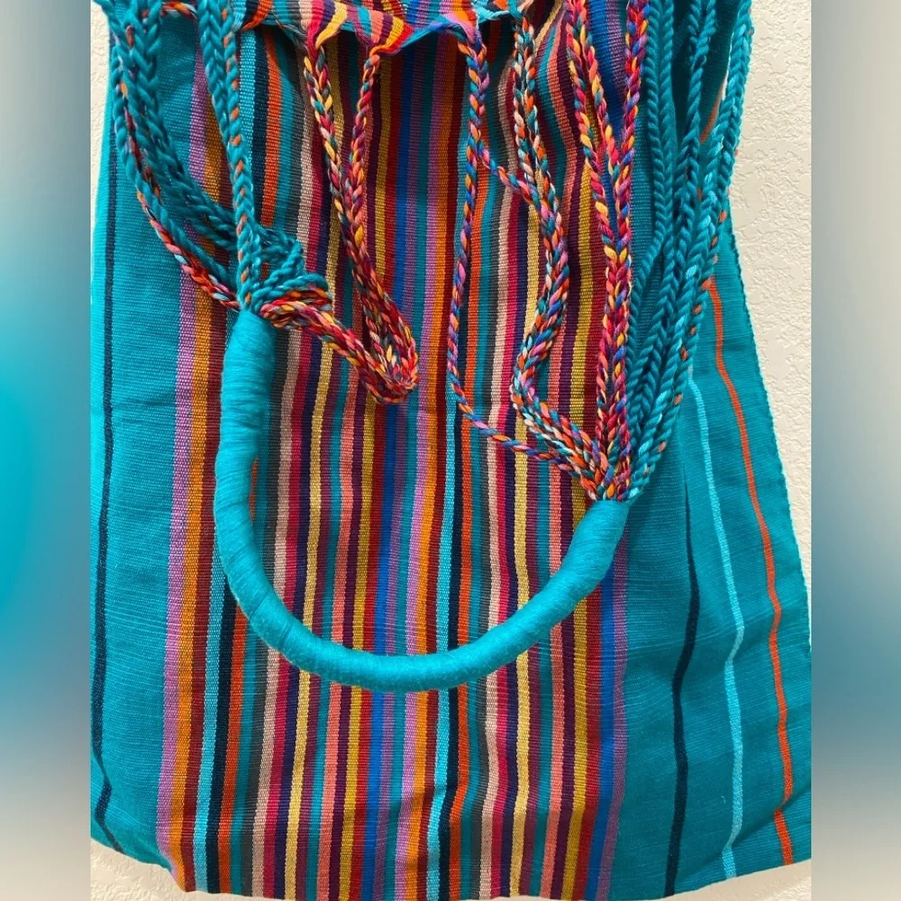 Mexican rainbow striped woven tote bag blue - Picture 3 of 4